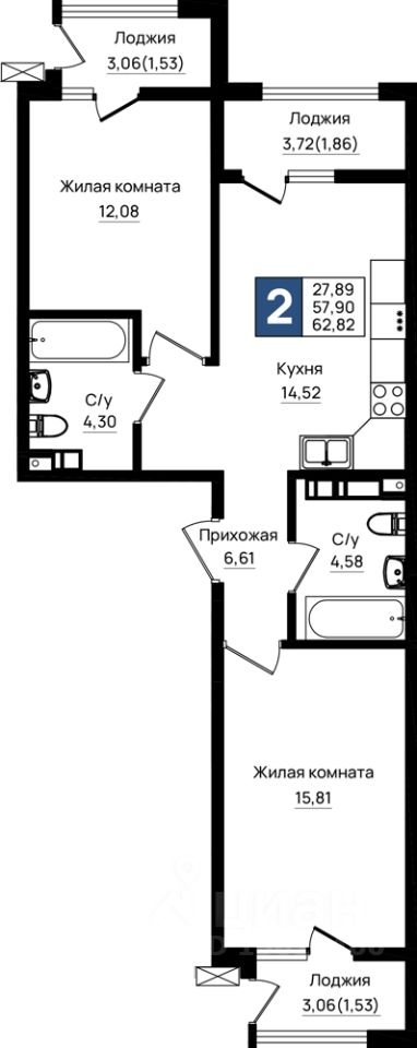 2-комн.кв., 62,8 м², 3/9 этаж
