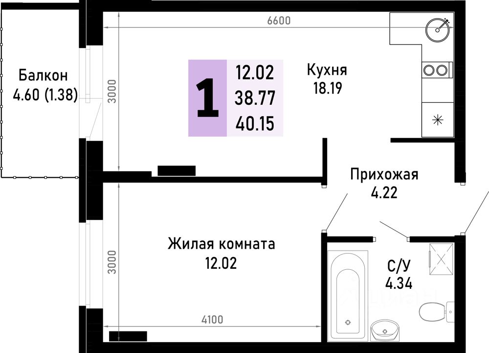 1-комн.кв., 40,1 м², 1/4 этаж