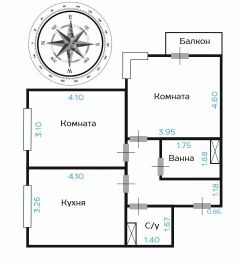 2-комн.кв., 58 м², этаж 4