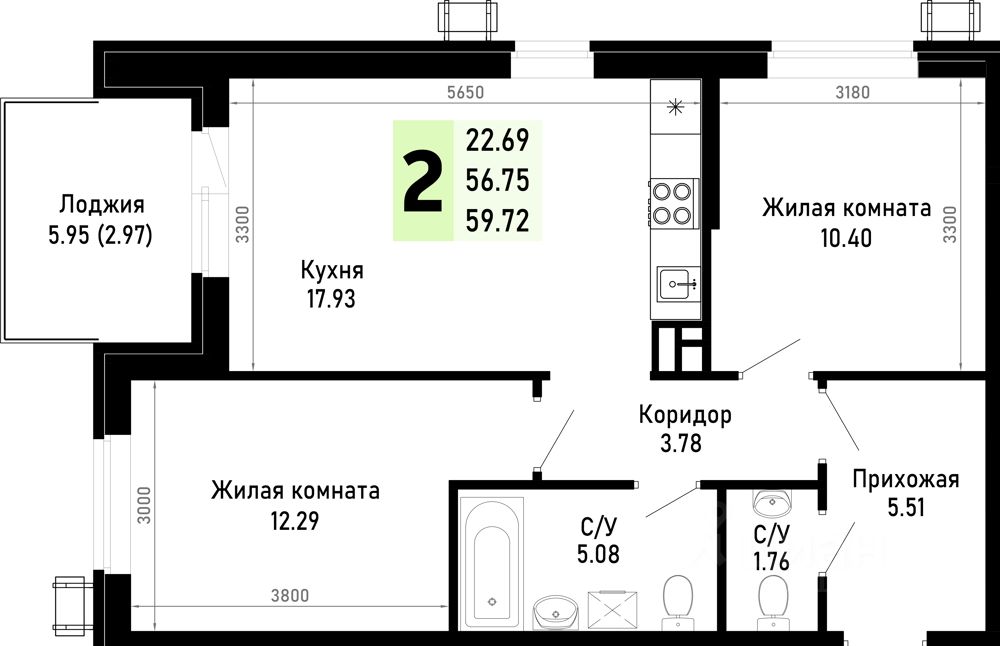 2-комн.кв., 59,7 м², 1/4 этаж