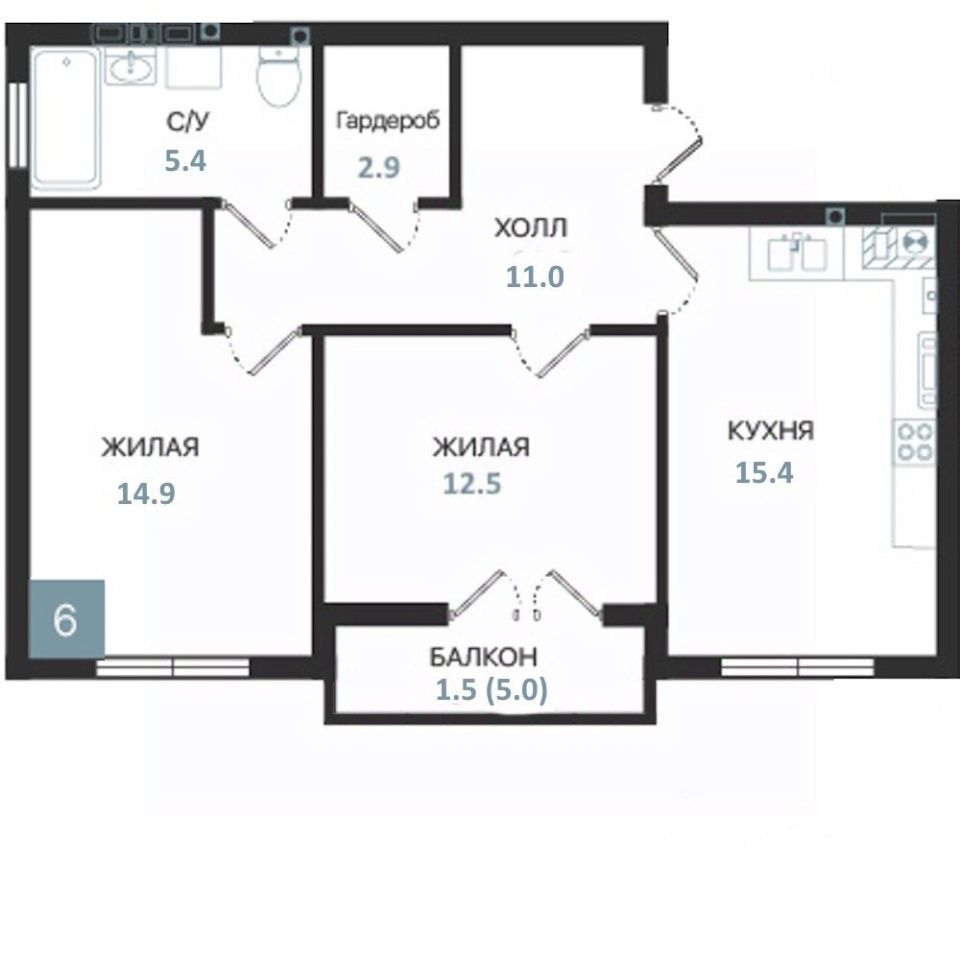 2-комн.кв., 63,6 м², 2/5 этаж