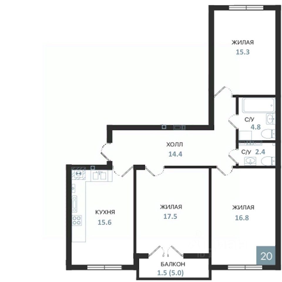 3-комн.кв., 88,3 м², 4/5 этаж