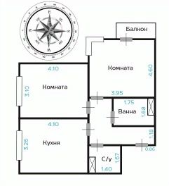 2-комн.кв., 58 м², этаж 4