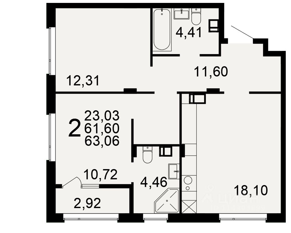 2-комн.кв., 61,6 м², 7/9 этаж