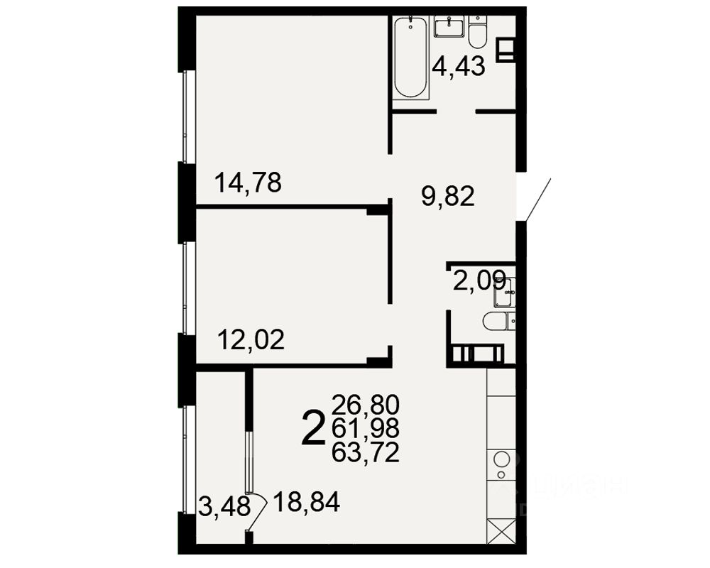 2-комн.кв., 62 м², 8/9 этаж