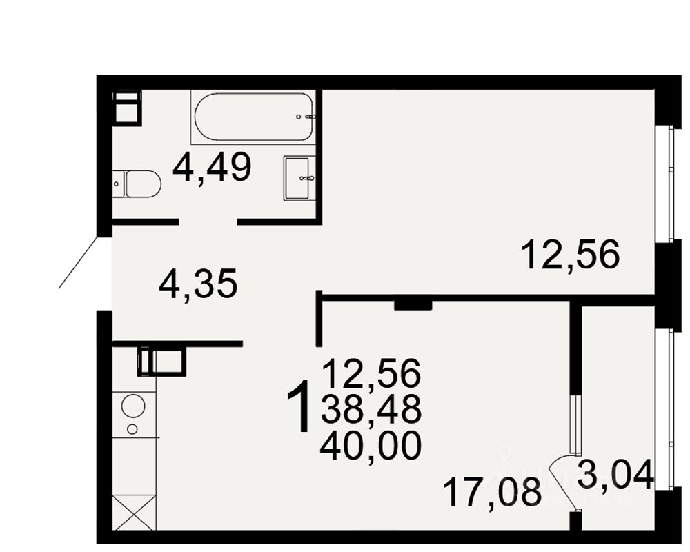 1-комн.кв., 38,5 м², 9/9 этаж