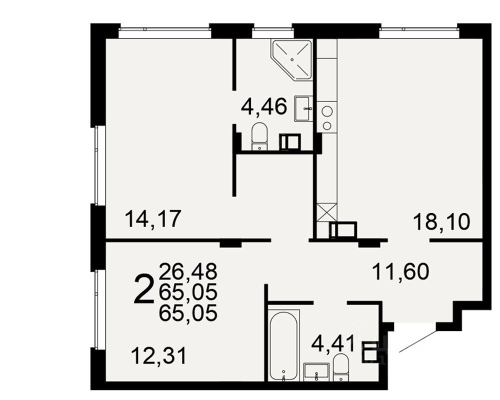 2-комн.кв., 65 м², 1/9 этаж