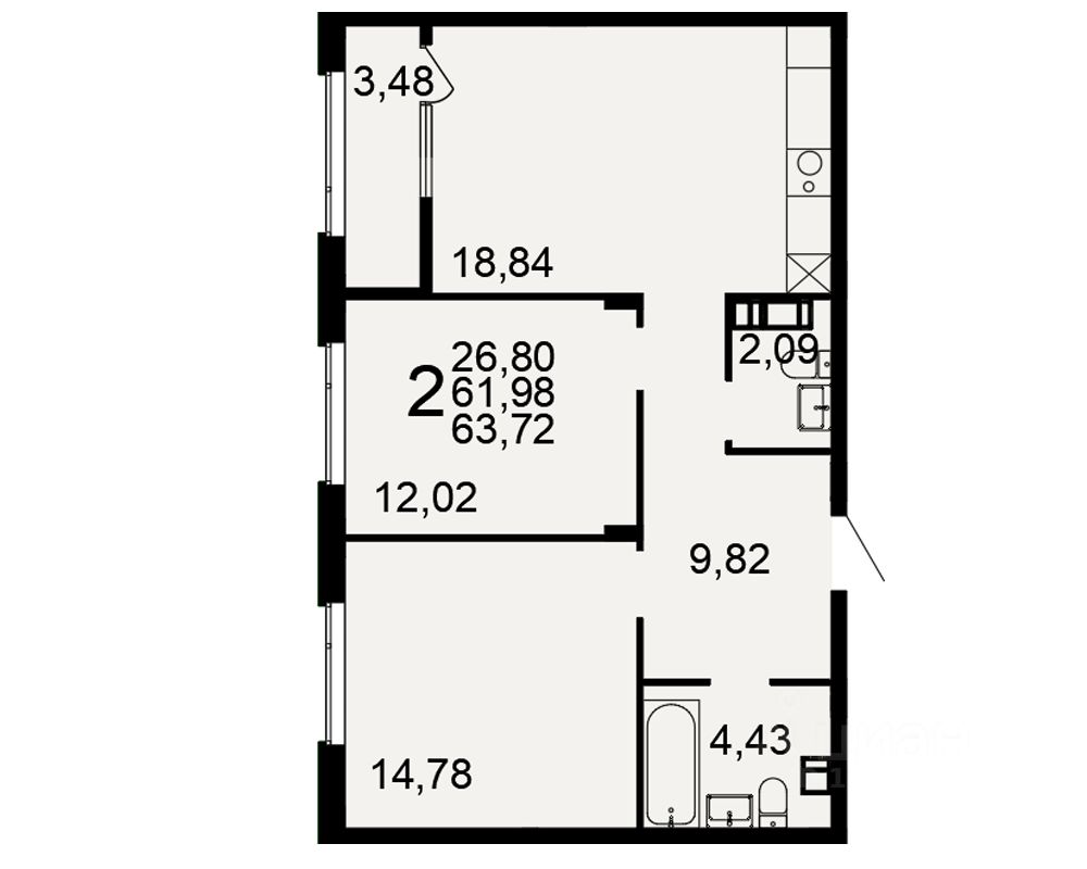 2-комн.кв., 62 м², 5/9 этаж