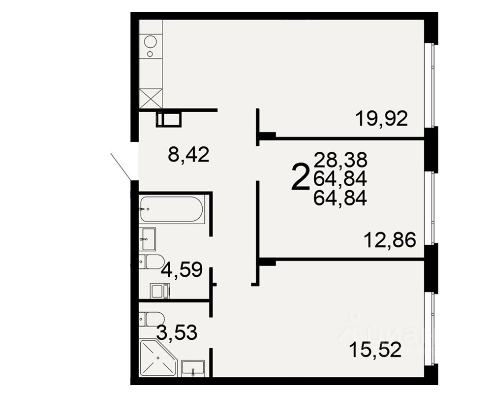 2-комн.кв., 64,8 м², 1/9 этаж