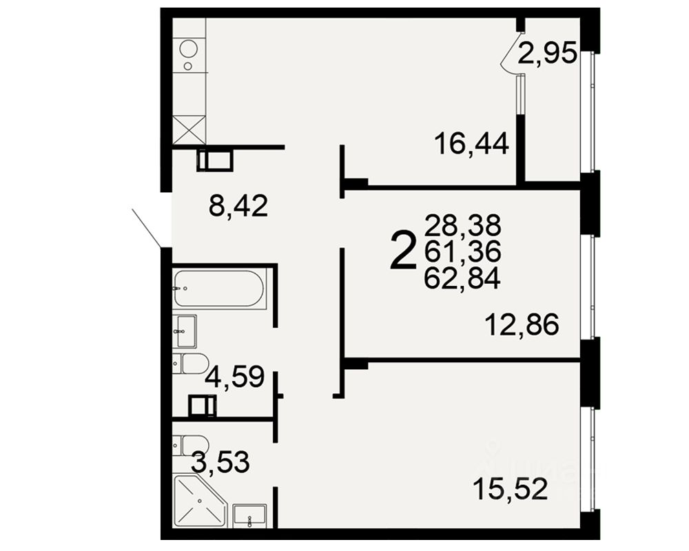2-комн.кв., 61,4 м², 9/9 этаж