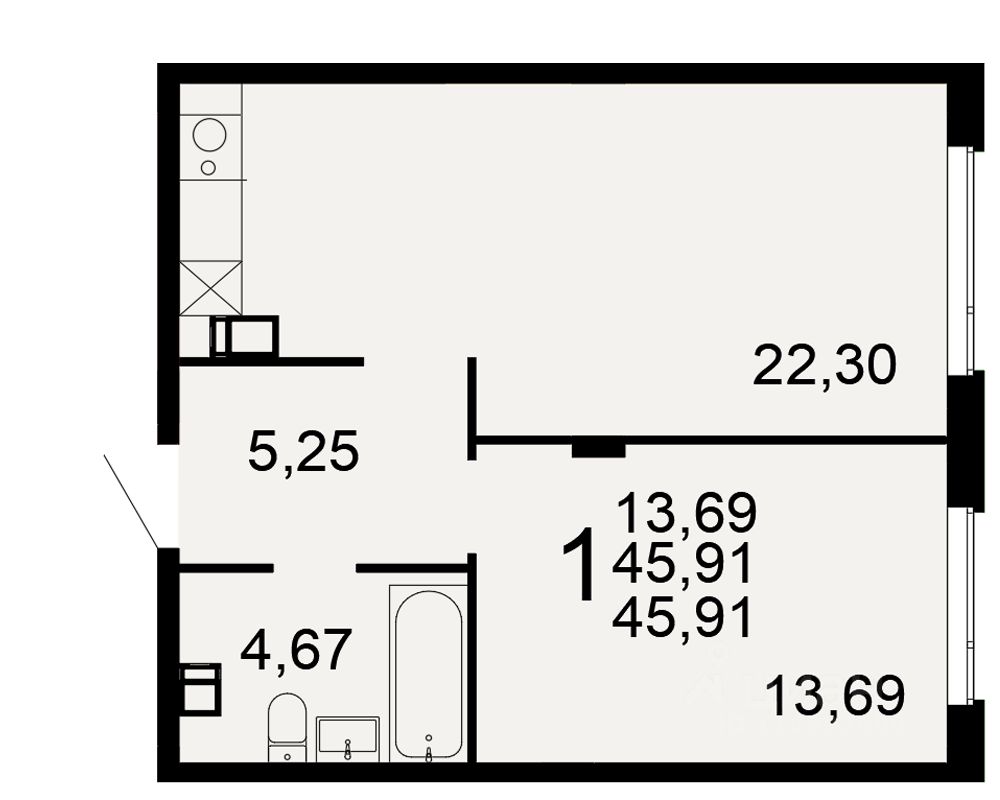 1-комн.кв., 45,9 м², 3/9 этаж
