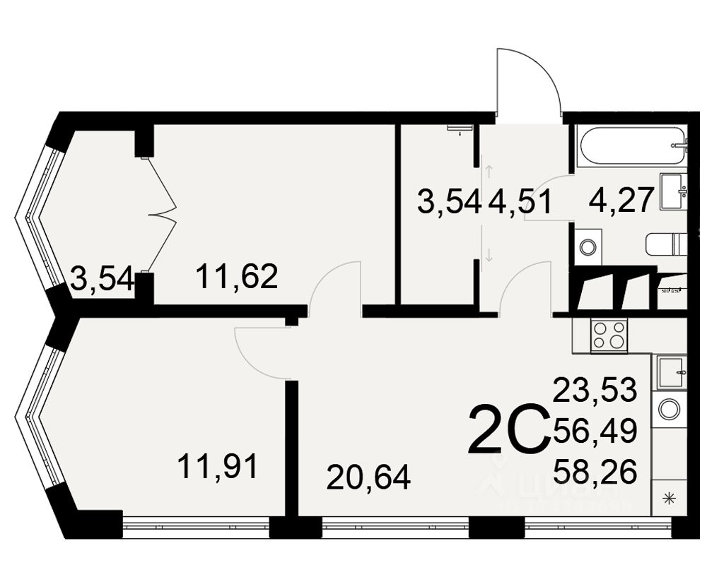 2-комн.кв., 58,3 м², 3/25 этаж