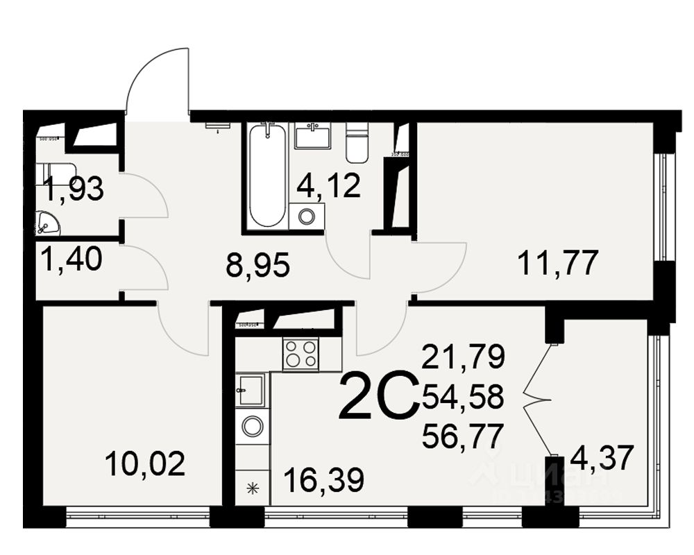 2-комн.кв., 56,8 м², 19/25 этаж