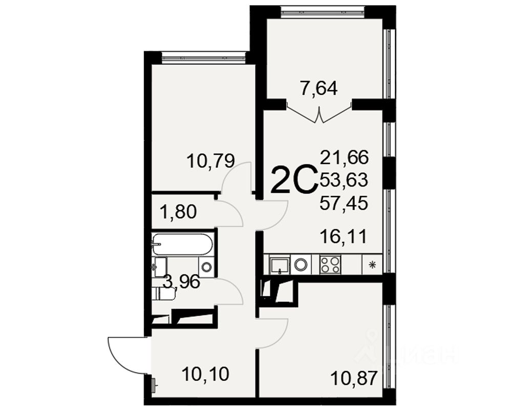 2-комн.кв., 57,5 м², 21/25 этаж