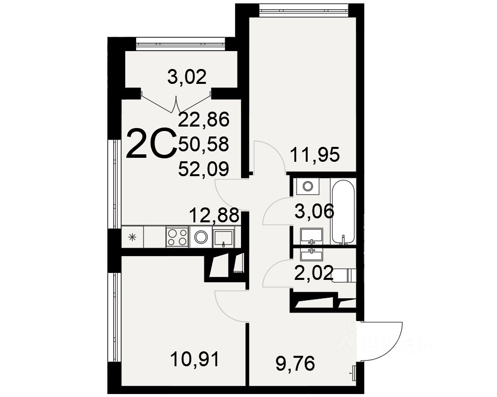 2-комн.кв., 52,1 м², 21/25 этаж
