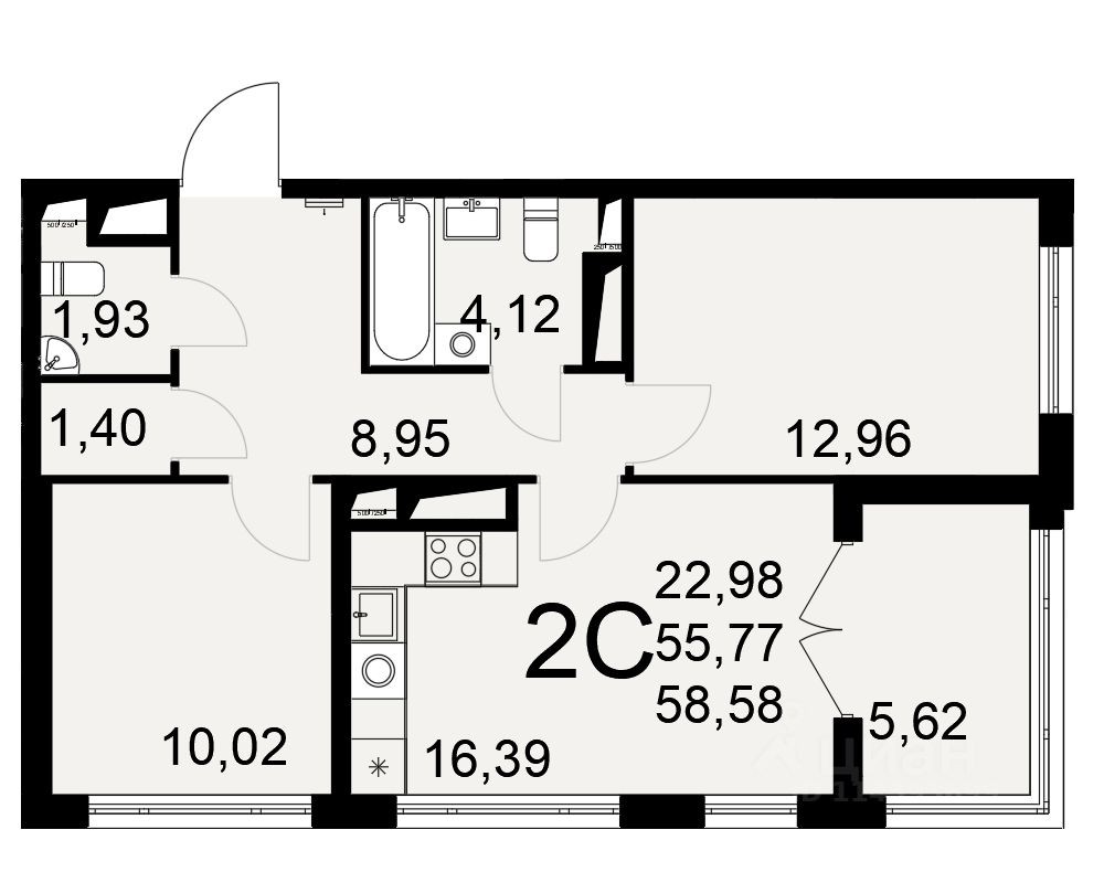 2-комн.кв., 58,6 м², 23/25 этаж