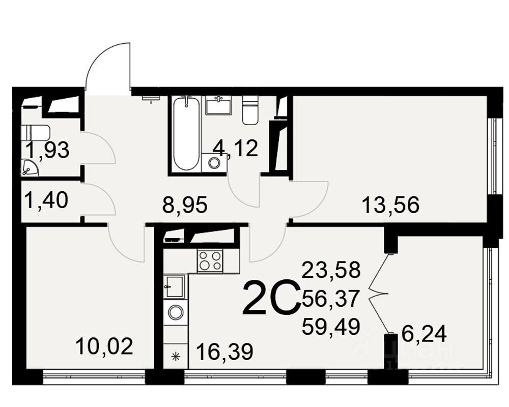 2-комн.кв., 59,5 м², 25/25 этаж