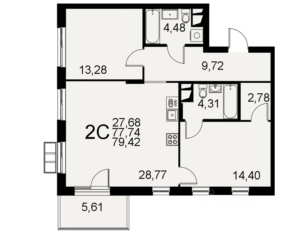 2-комн.кв., 77,7 м², 5/11 этаж