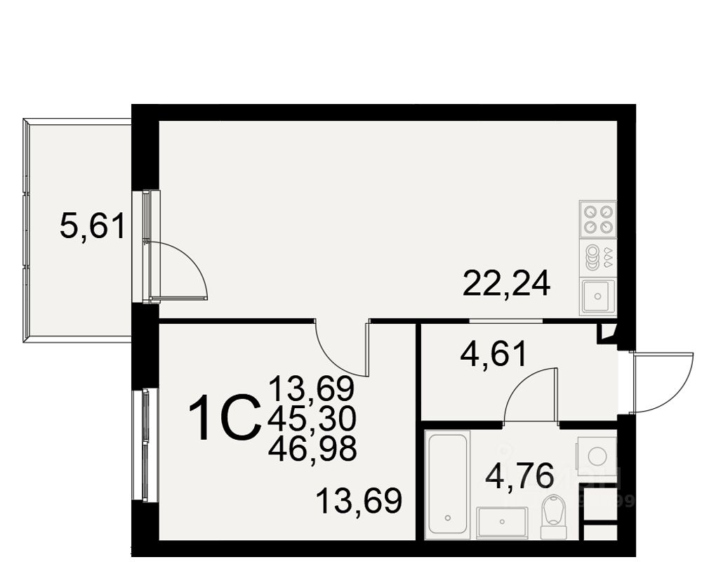 1-комн.кв., 45,3 м², 1/11 этаж