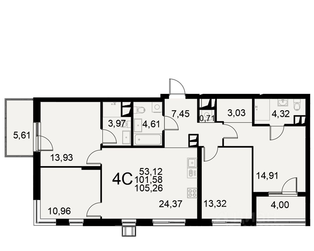 4-комн.кв., 101,6 м², 2/11 этаж