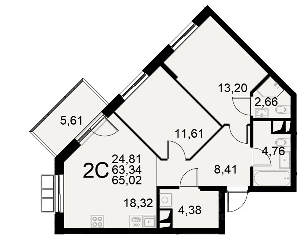 2-комн.кв., 63,3 м², 2/11 этаж