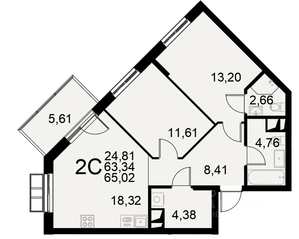 2-комн.кв., 63,3 м², 3/11 этаж