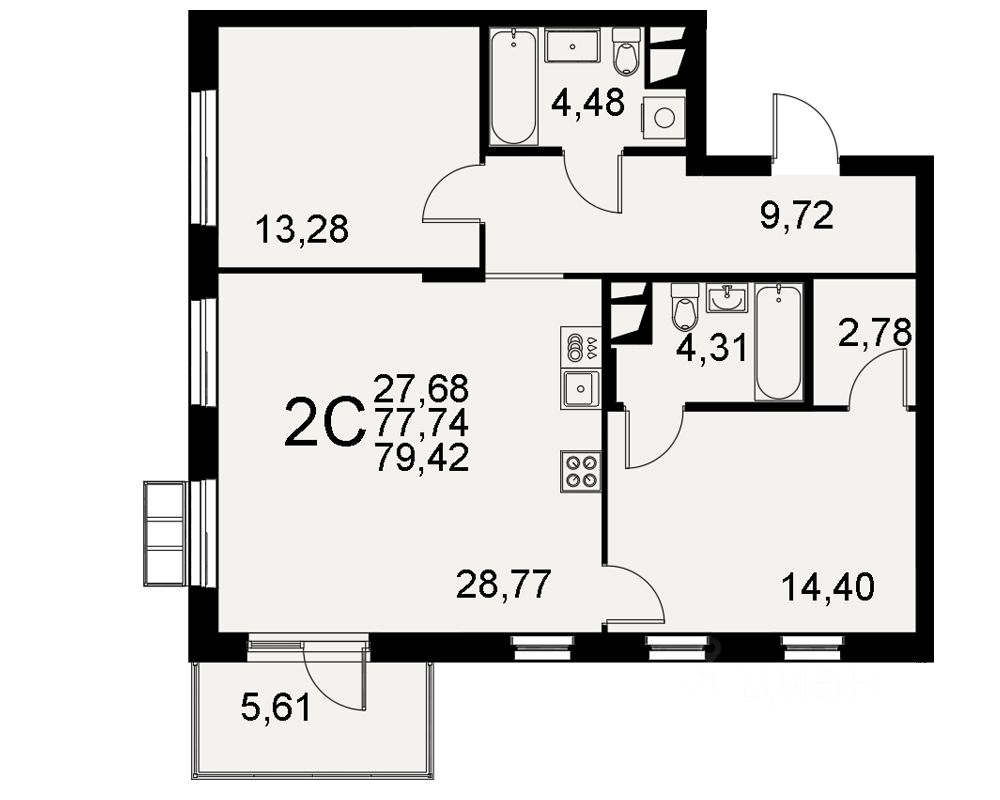 2-комн.кв., 77,7 м², 1/11 этаж