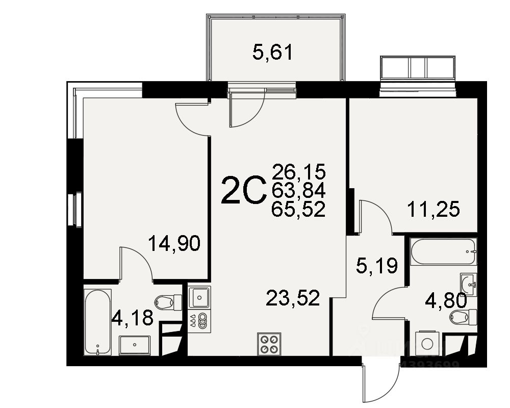 2-комн.кв., 63,8 м², 1/11 этаж