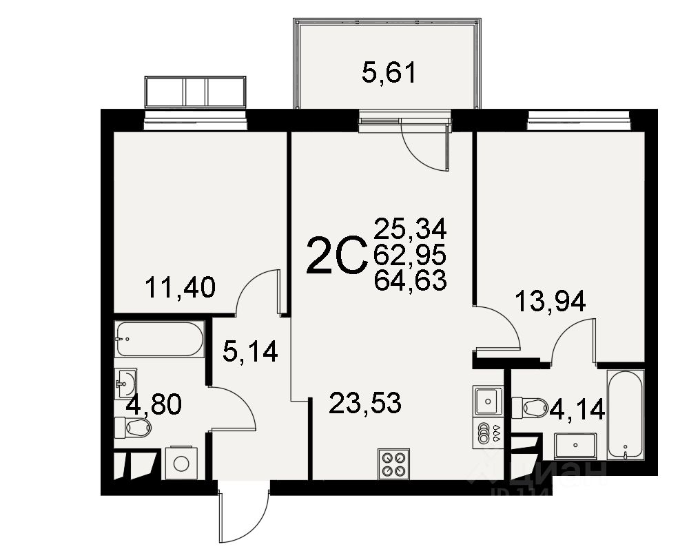 2-комн.кв., 63 м², 1/11 этаж