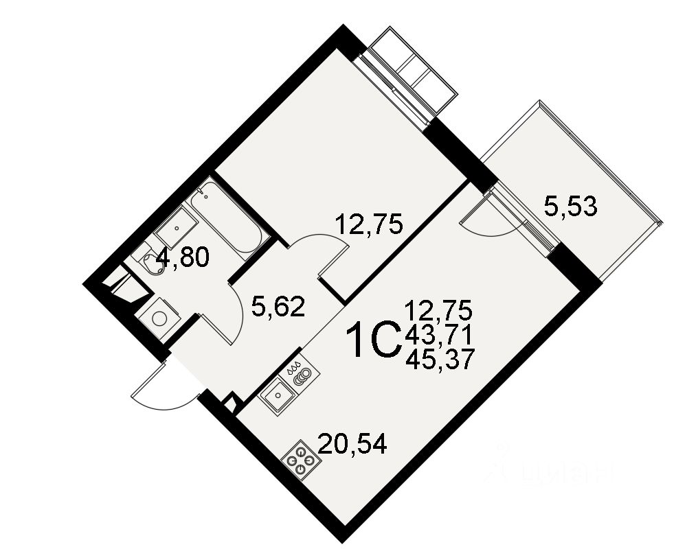 1-комн.кв., 43,7 м², 2/11 этаж