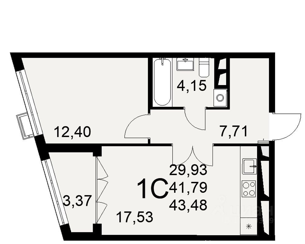1-комн.кв., 43,5 м², 2/16 этаж