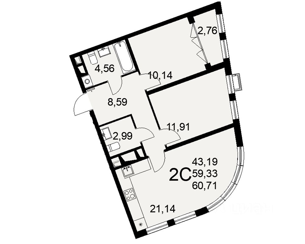 2-комн.кв., 60,7 м², 4/16 этаж