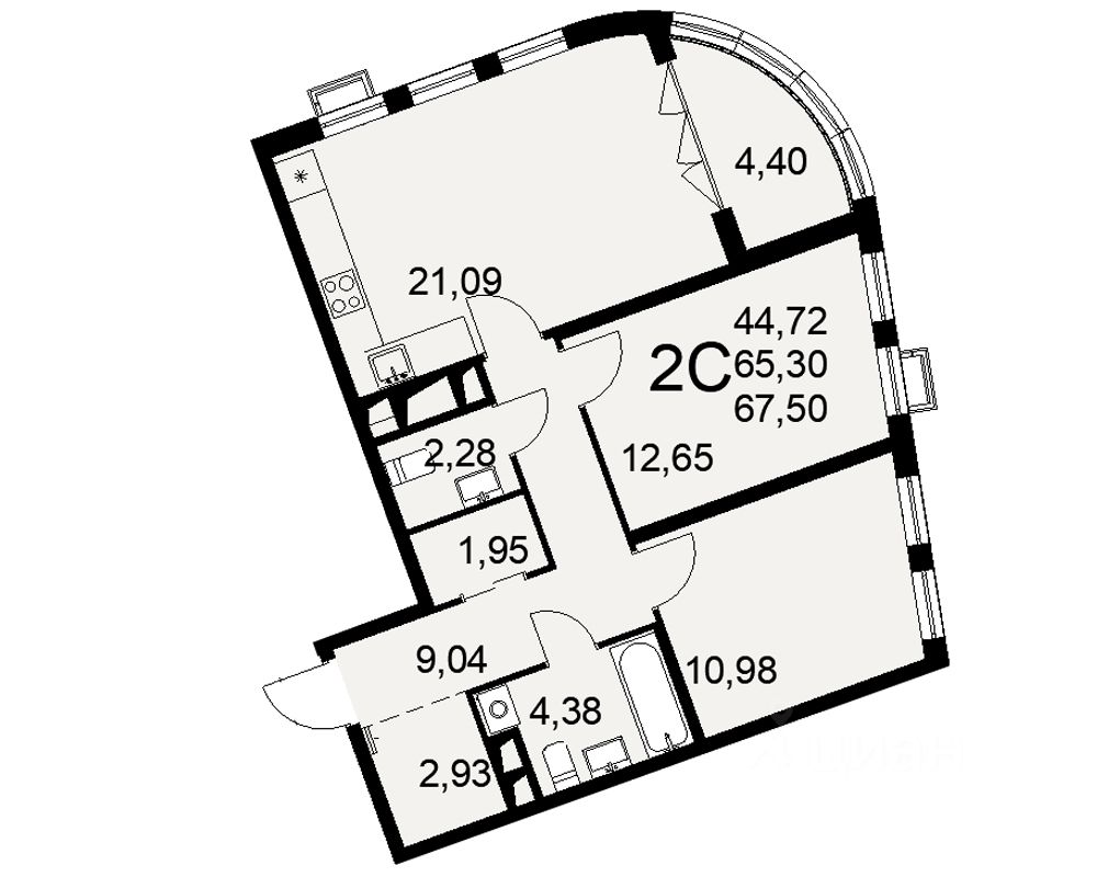 2-комн.кв., 67,5 м², 7/16 этаж