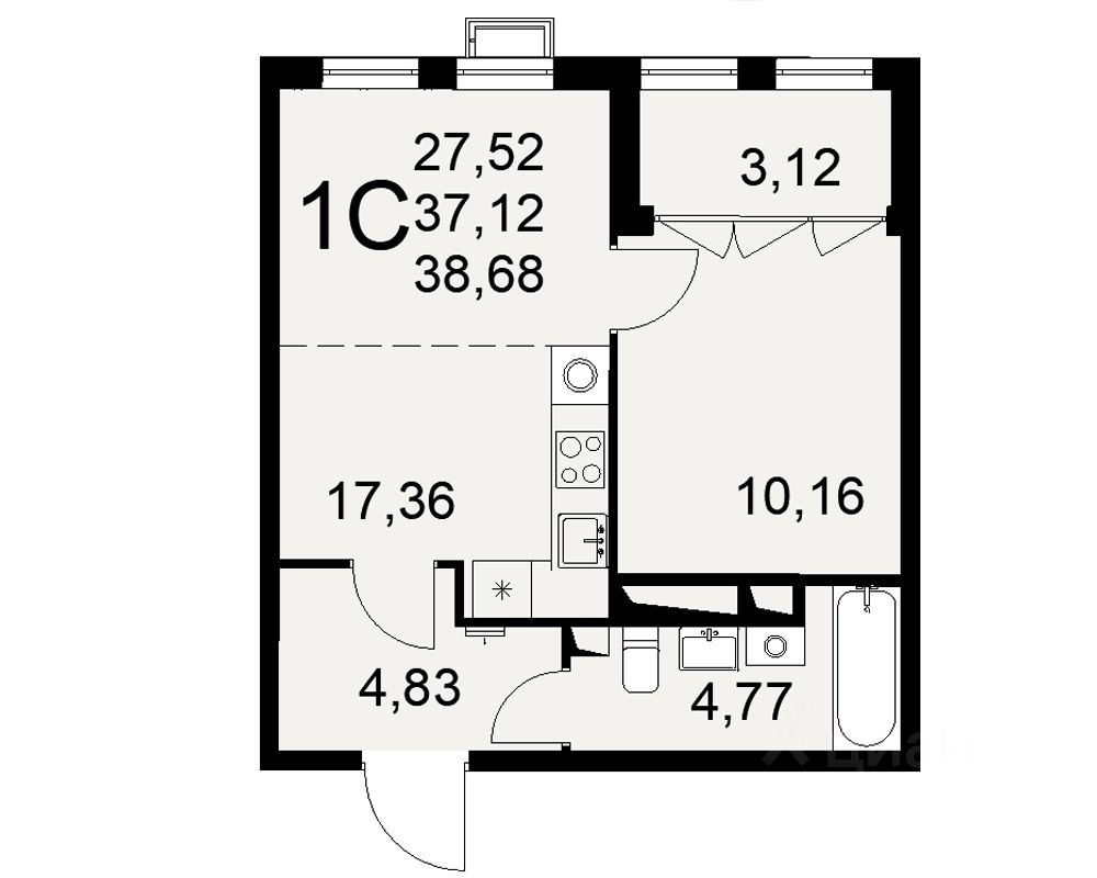 1-комн.кв., 38,7 м², 3/16 этаж