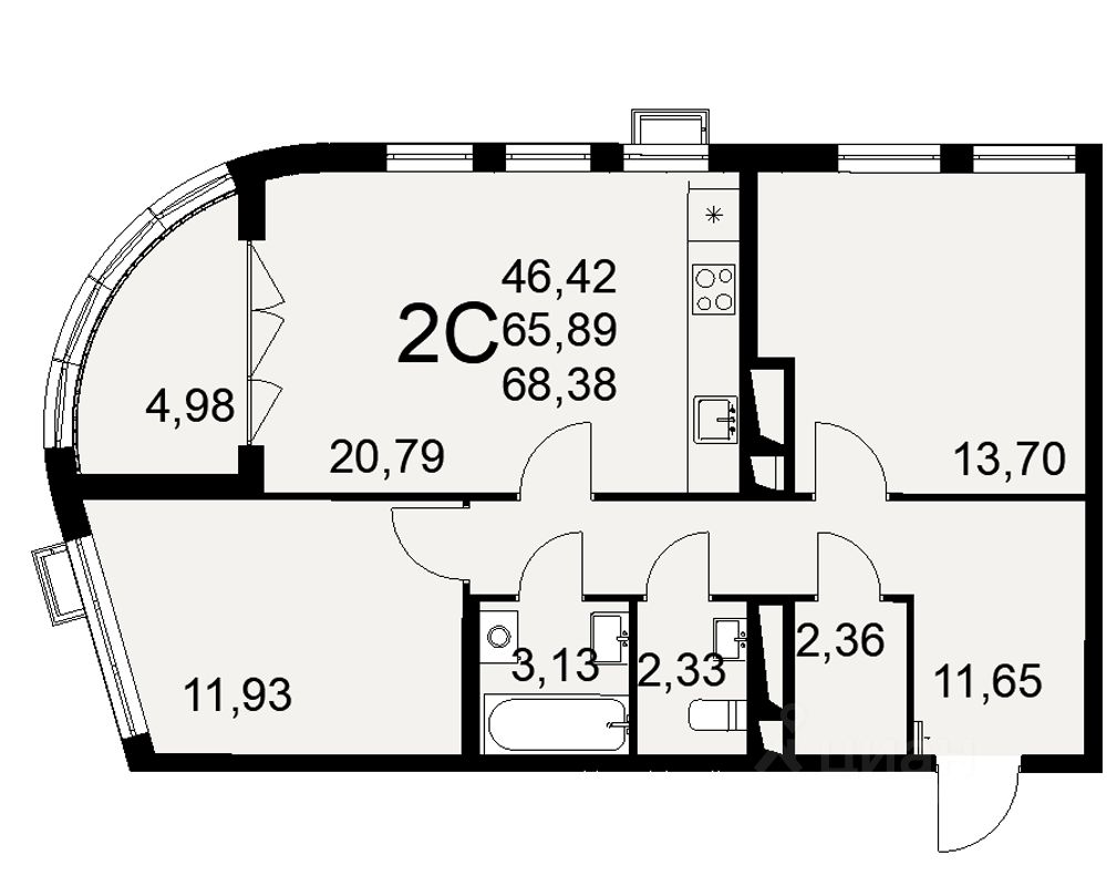 2-комн.кв., 68,4 м², 4/16 этаж