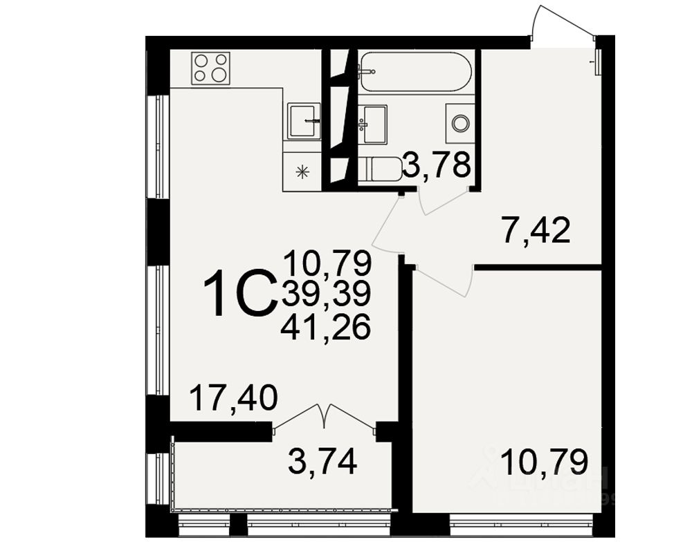 1-комн.кв., 39,4 м², 17/18 этаж