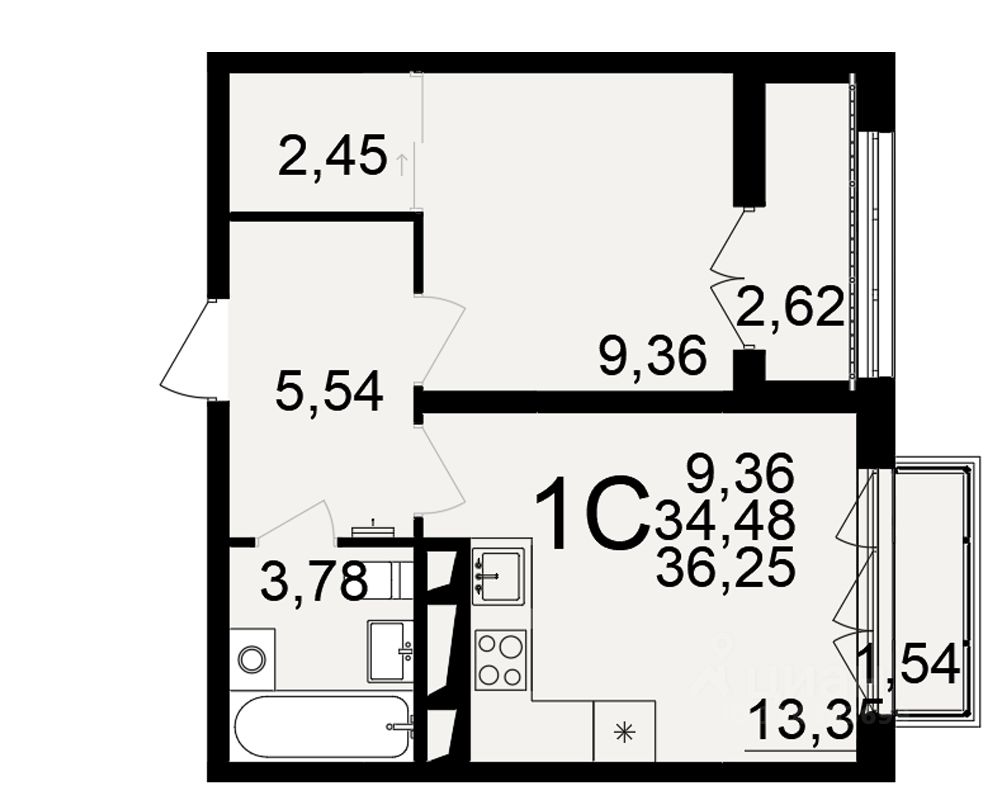 1-комн.кв., 34,5 м², 13/18 этаж