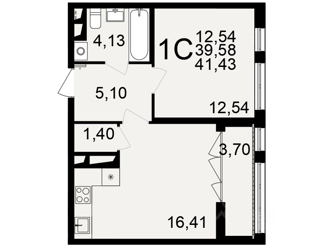 1-комн.кв., 39,6 м², 13/18 этаж
