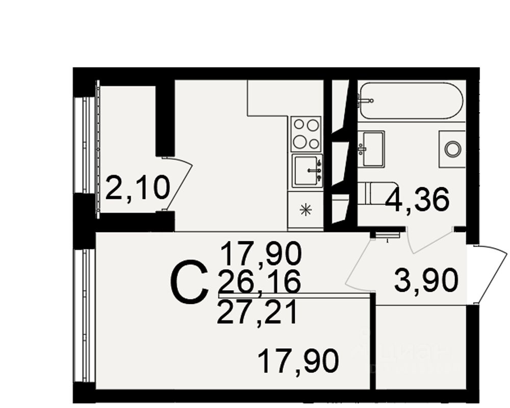 1-комн.кв., 26,2 м², 17/18 этаж