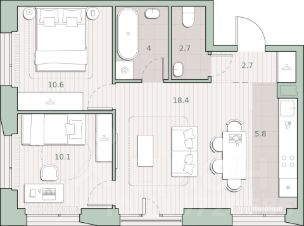 2-комн.кв., 54 м², этаж 10