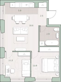 2-комн.кв., 55 м², этаж 15
