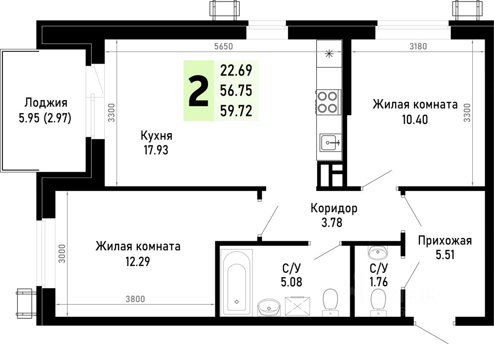 2-комн.кв., 59,7 м², 3/4 этаж
