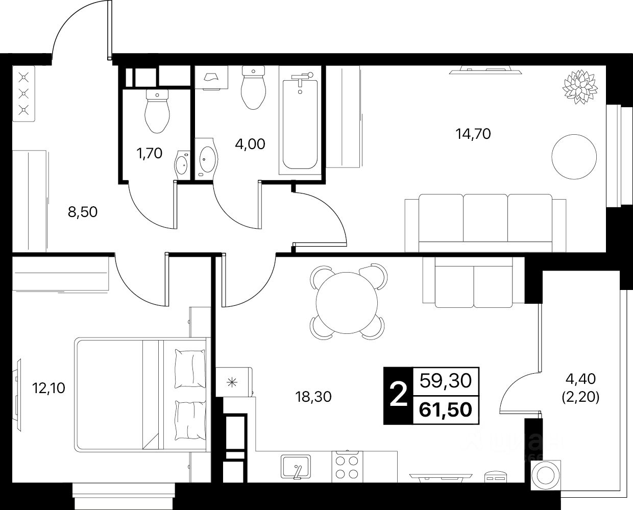 2-комн.кв., 61,5 м², 8/20 этаж
