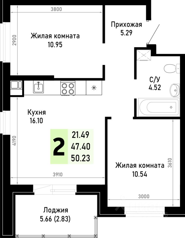 2-комн.кв., 50,2 м², 3/4 этаж