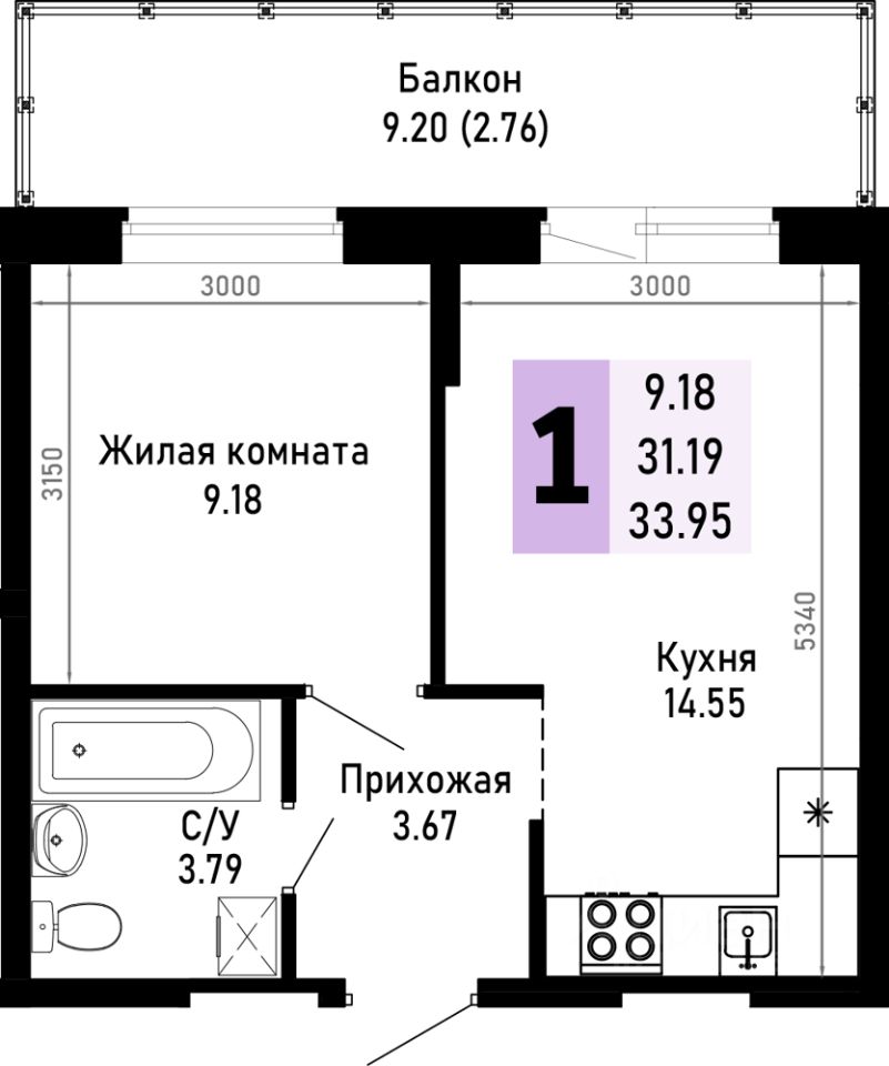 1-комн.кв., 34 м², 2/4 этаж
