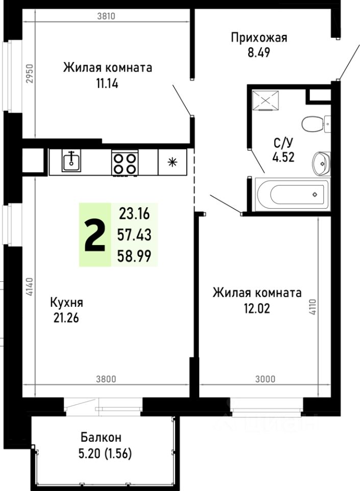 2-комн.кв., 59 м², 1/4 этаж