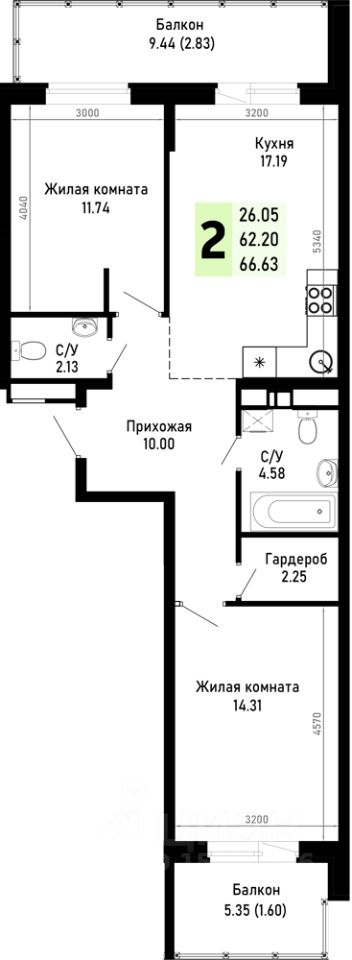 2-комн.кв., 66,6 м², 4/4 этаж