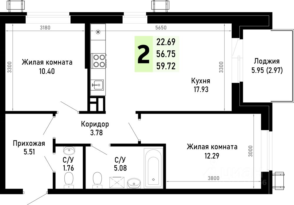 2-комн.кв., 59,7 м², 4/4 этаж