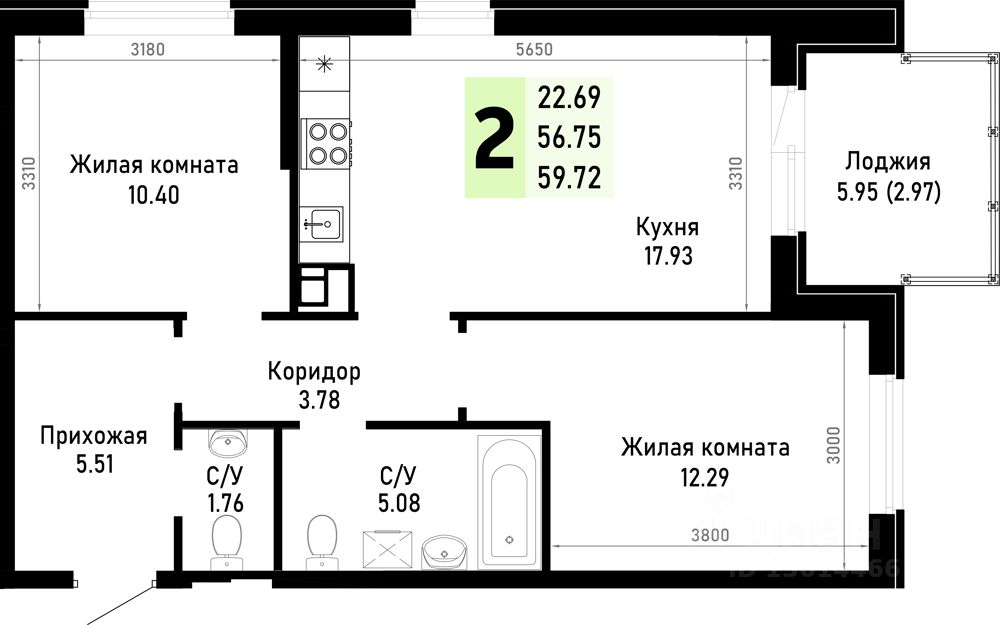 2-комн.кв., 59,7 м², 2/4 этаж
