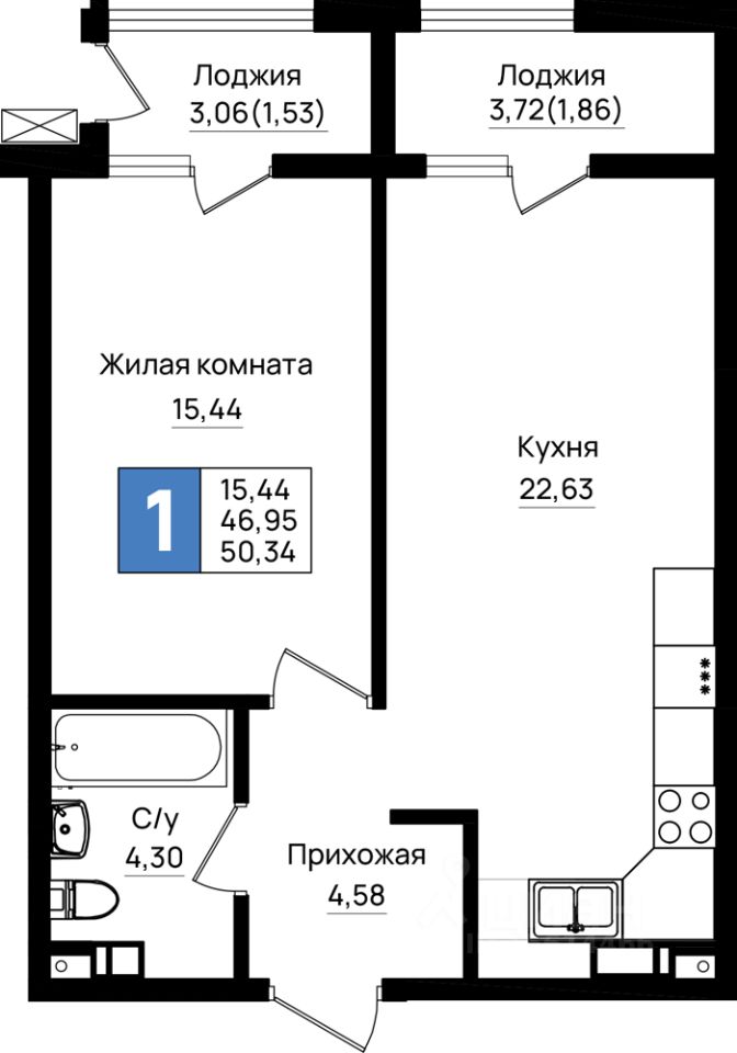 1-комн.кв., 50,3 м², 7/9 этаж